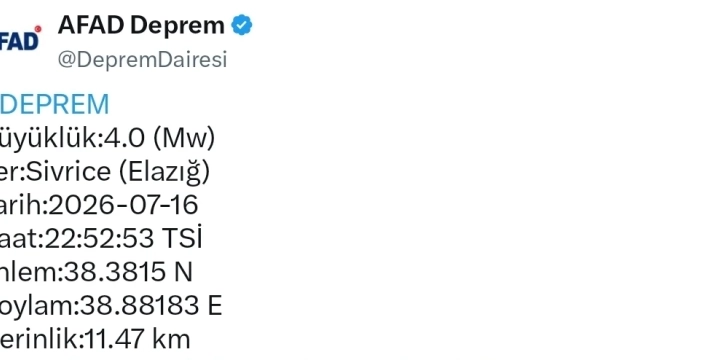 Elazığ sallandı: Sivrice'de 4.0 büyüklüğünde deprem!